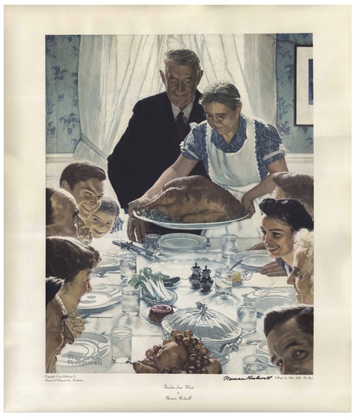 Norman Rockwell Signed ''Freedom From Want'' Poster Measuring 28'' x 35'' -- Rockwell Uses Thanksgiving to Symbolize One of the Four Freedoms